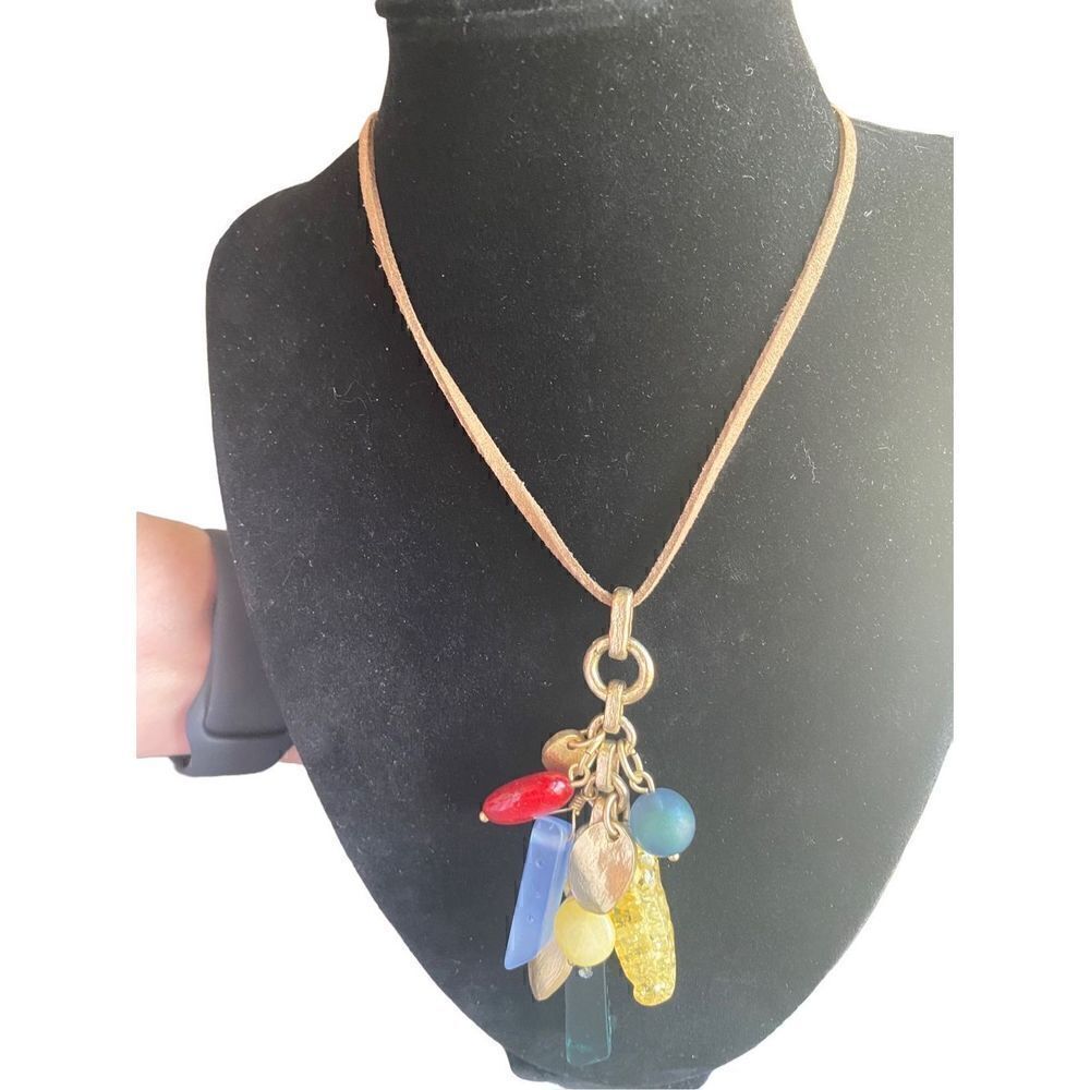 CHICO’S MULTI GEM AND ANTIQUE GOLD PENDANTS ON LONG TAN LEATHER CHAIN NECKLACE
